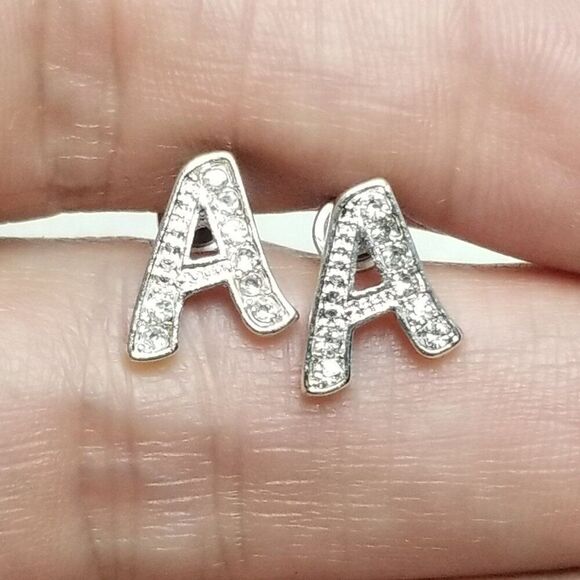 Letter A Stud Earrings, Rhinestone Silver Tone Monogram Initial, Estate - Picture 3 of 5